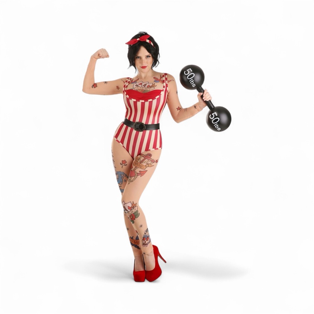Vintage Strong Woman Costume M | Circus Tattoo Bodysuit + 100lb Barbell Set
